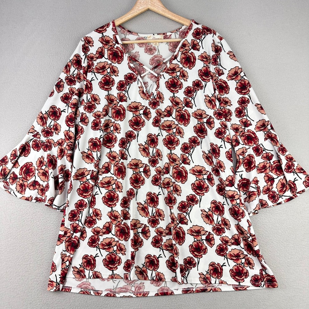 Misia Floral V-Neck Blouse Women 1X Red Bell Sleeve Flowy Stretch Comfort